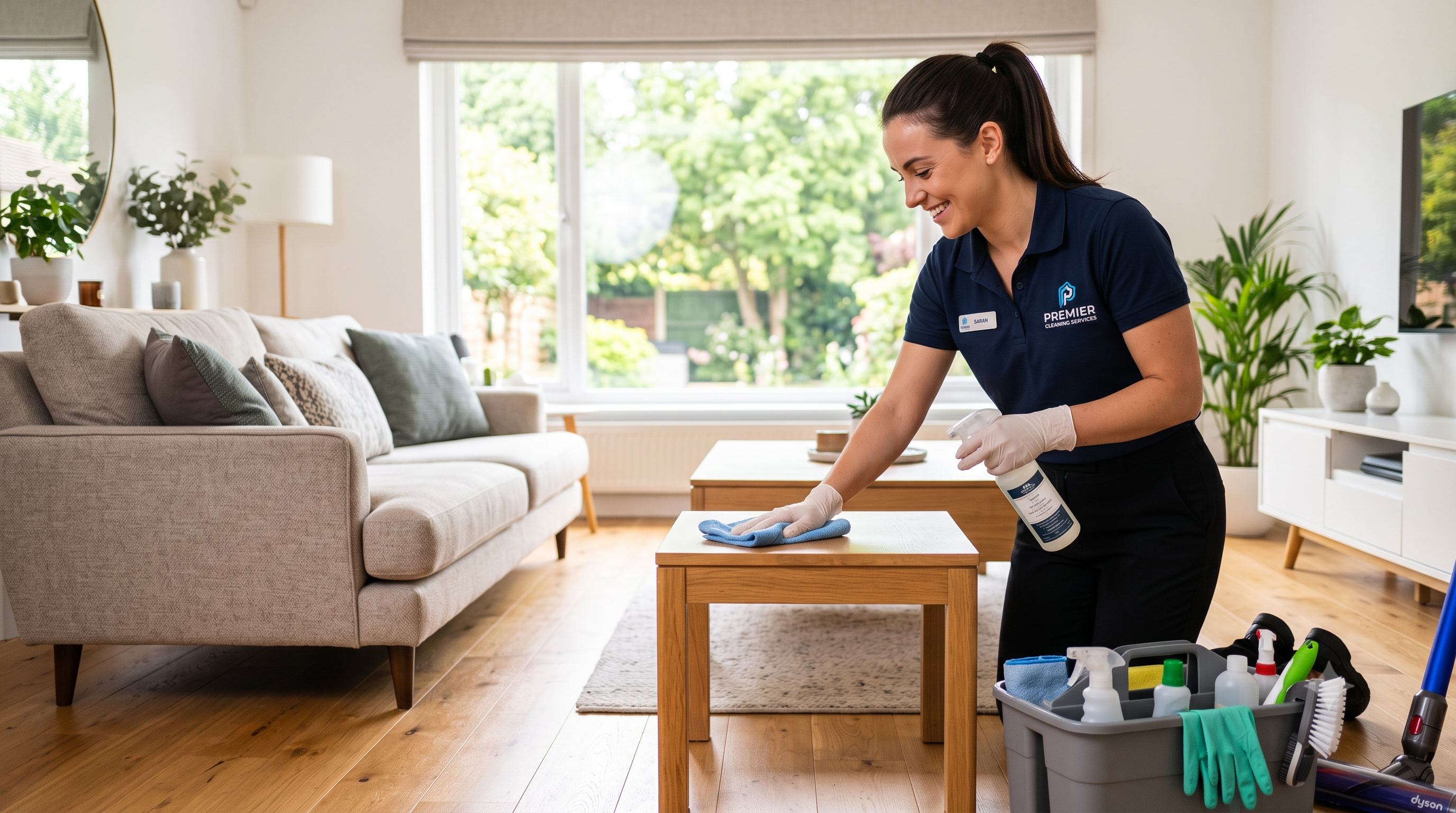 A house cleaner wiping down a coffee table in a bright living room, an example of a real hero photo on a SeenOnMain hosted page