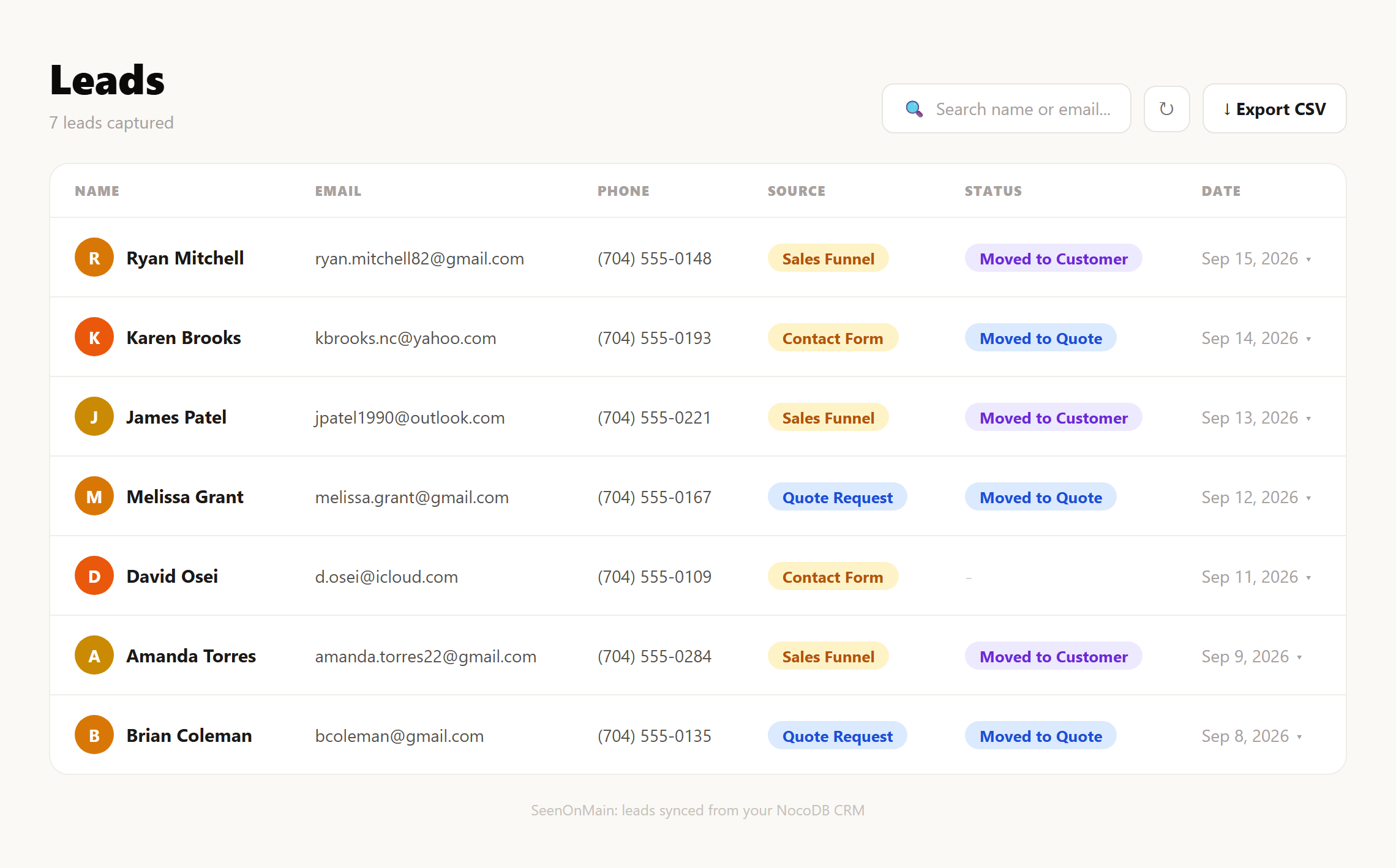 Sample SeenOnMain leads dashboard showing tracked leads with source, status, and date