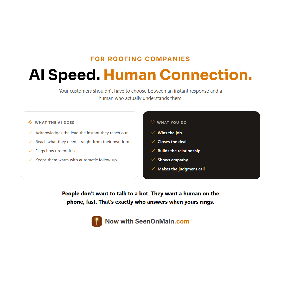 AI Speed. Human Connection. -- what the AI does vs. what you do, for roofing companies